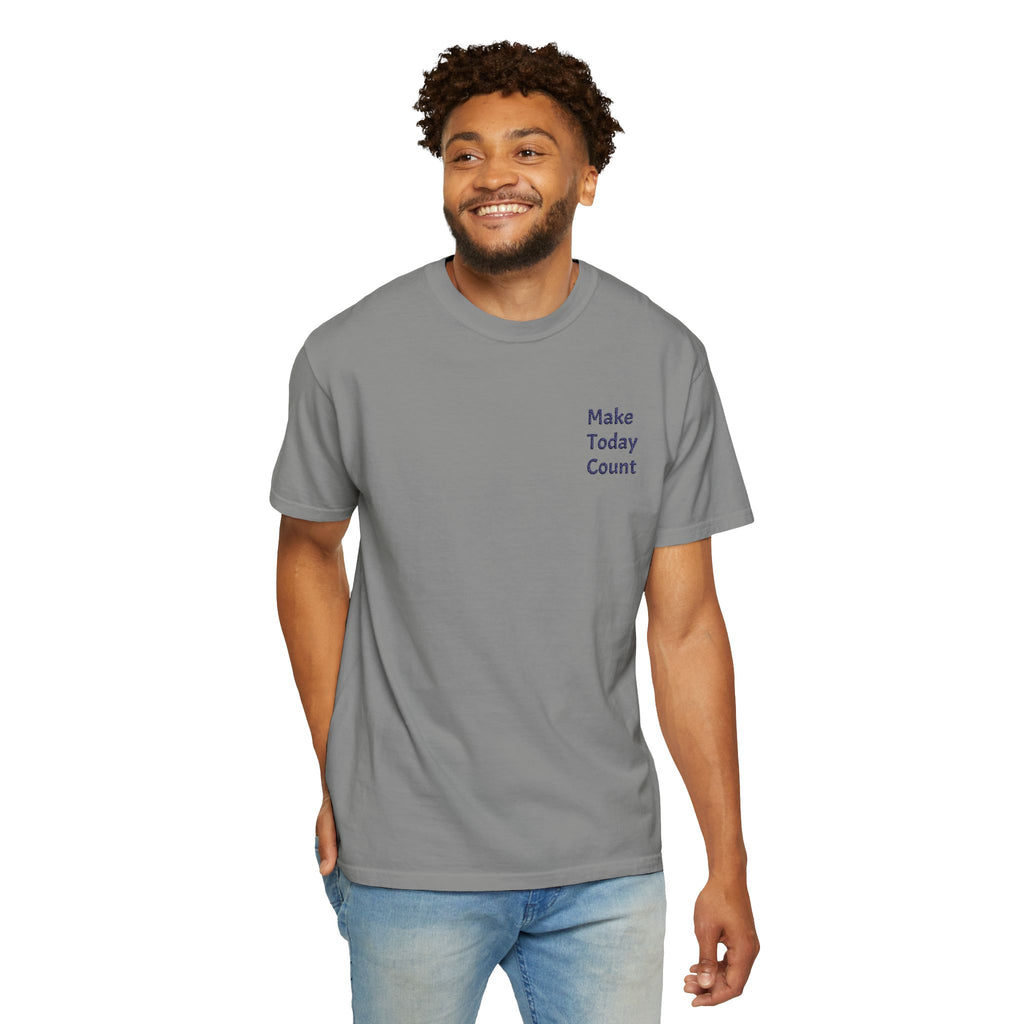 Minimal inspirational Make Today Count T-shirt by Printify featuring a pocket design on soft cotton fabric.