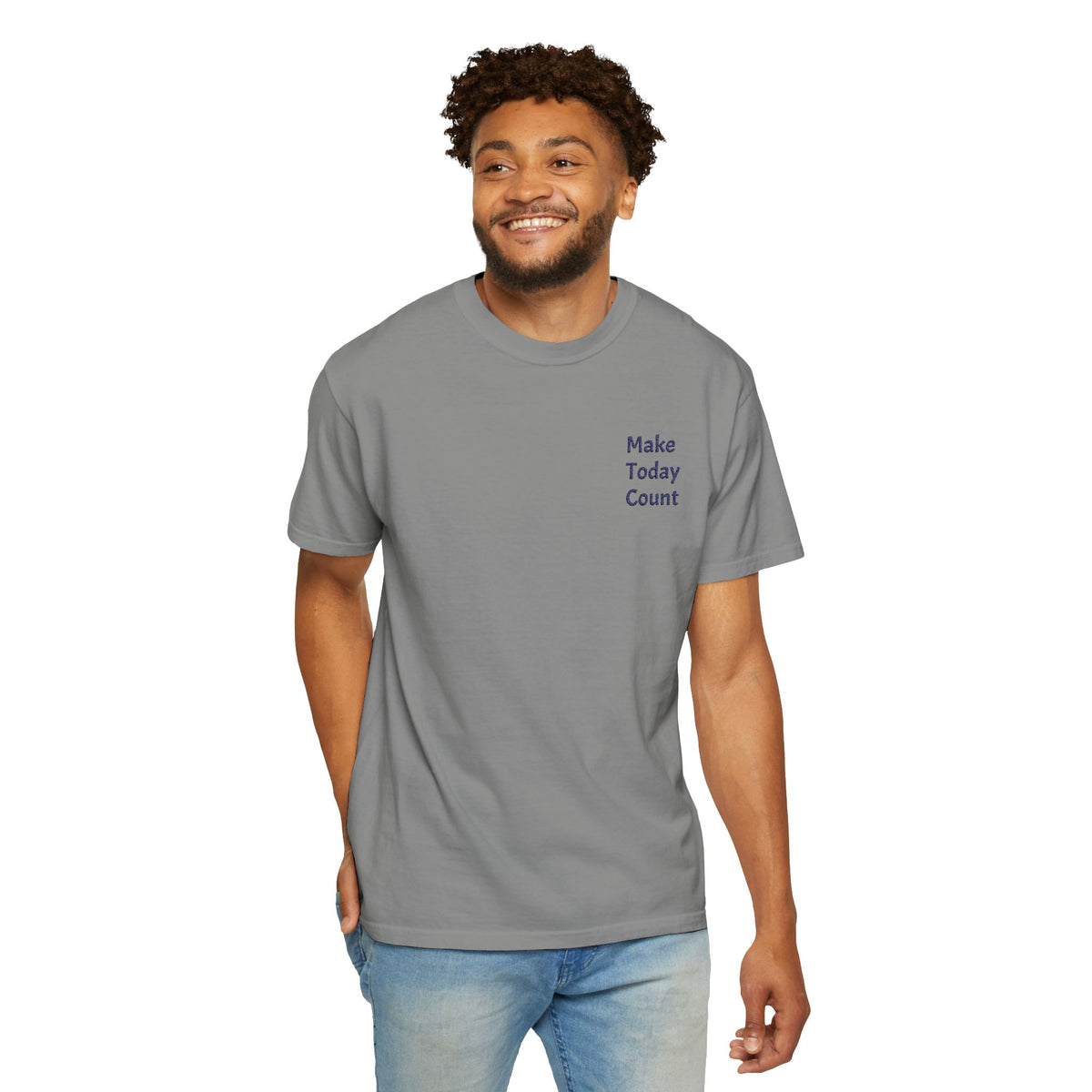 Minimal inspirational Make Today Count T-shirt by Printify featuring a pocket design on soft cotton fabric.