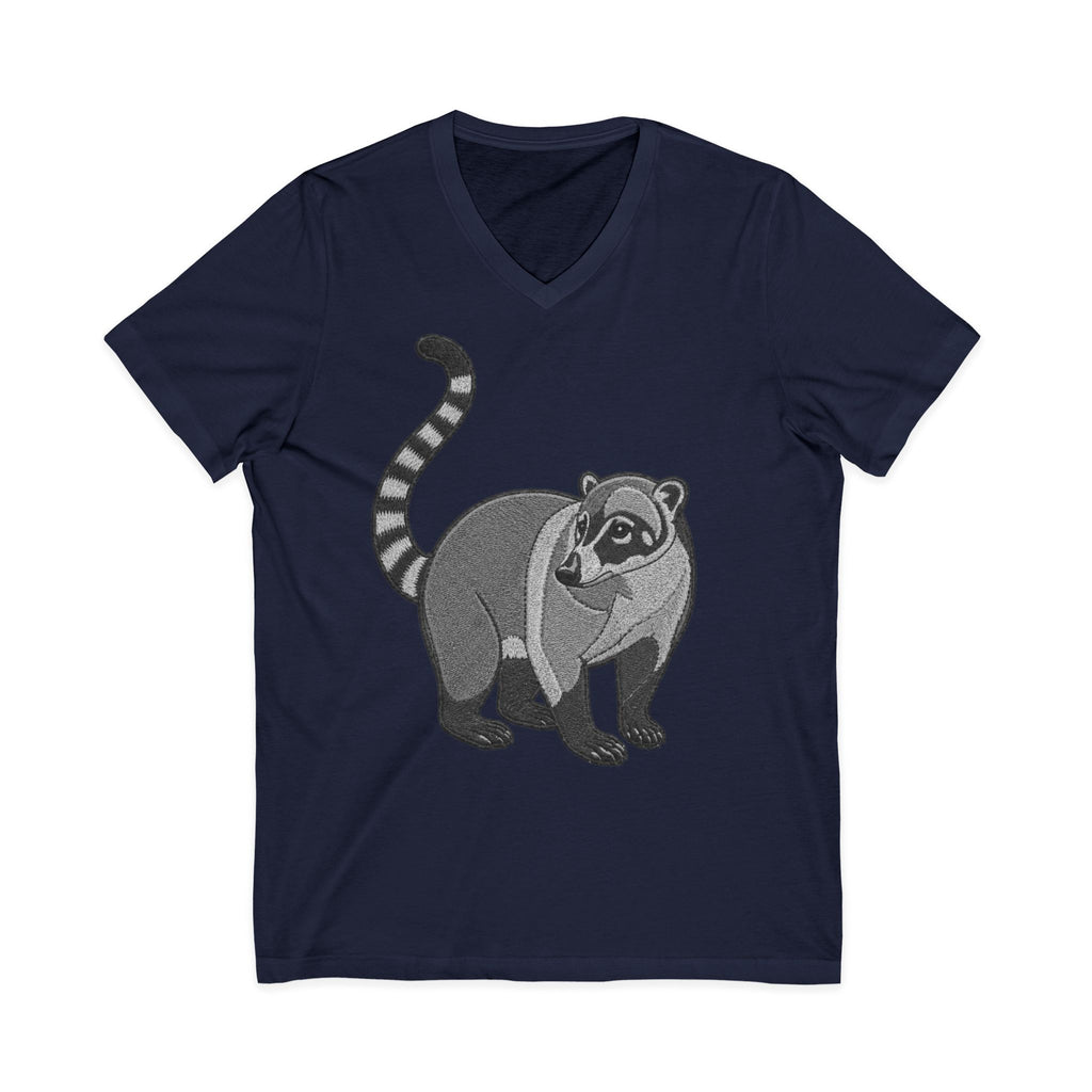Charcoal Wyldelife Coati V-Neck T-Shirt with wildlife graphic from Printify, featuring a detailed coati illustration on soft fabric.