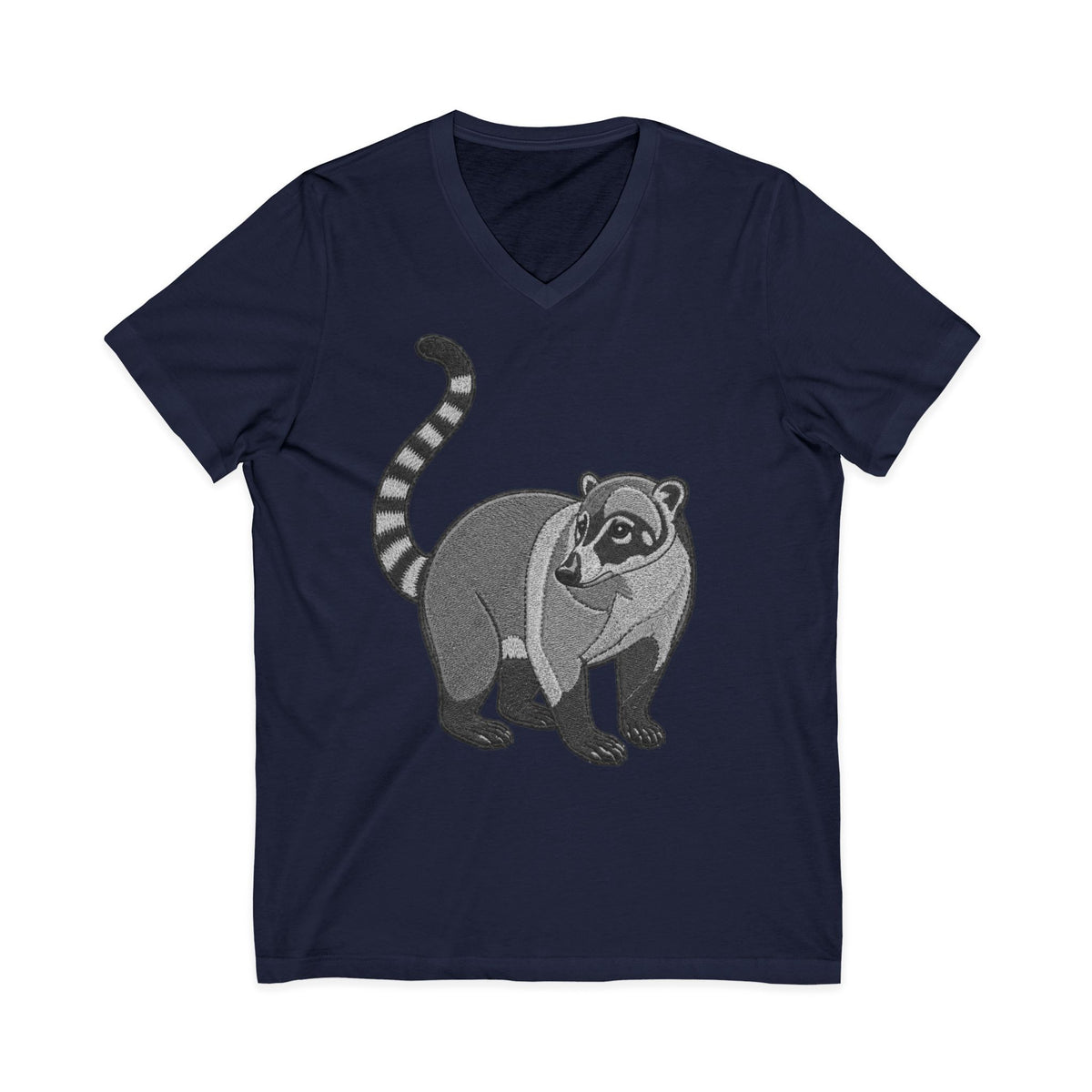 Charcoal Wyldelife Coati V-Neck T-Shirt with wildlife graphic from Printify, featuring a detailed coati illustration on soft fabric.