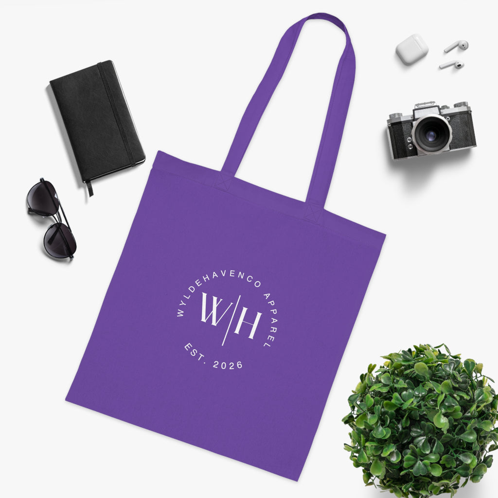 White cotton tote bag with monogram circle and WH logo, stylish canvas tote bag from Printify, ideal for everyday use.