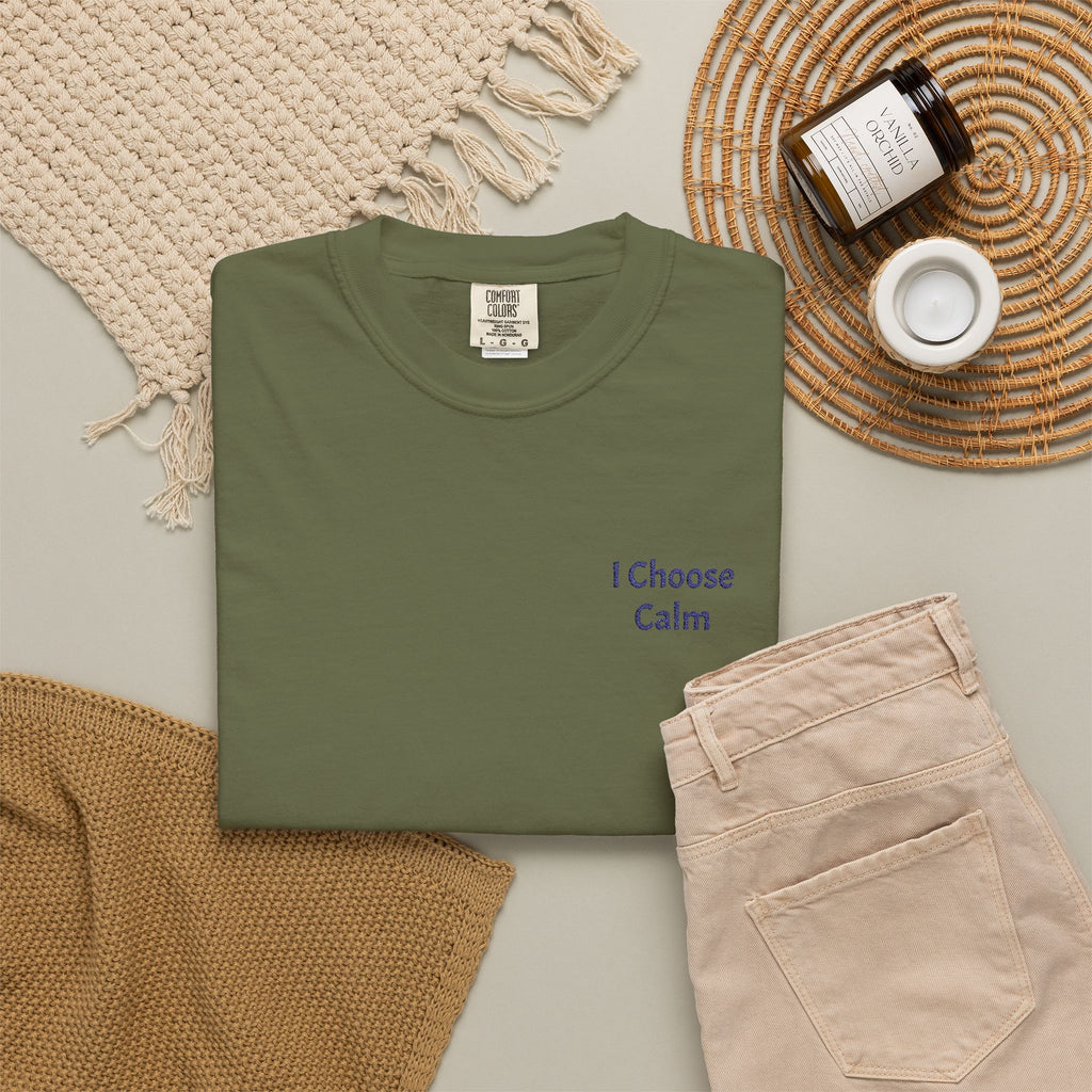 White I Choose Calm T-Shirt by Printify featuring minimalist relaxation design, casual fit, and soft fabric.