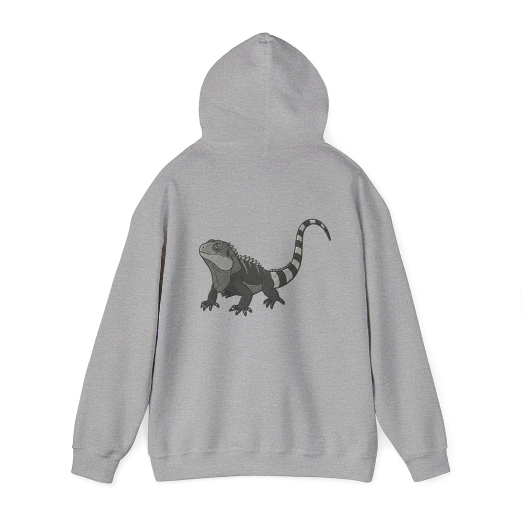Gray Iguana Graphic Hoodie with large wildlife back print from Wyldelife Collection by Printify, featuring an iguana illustration.