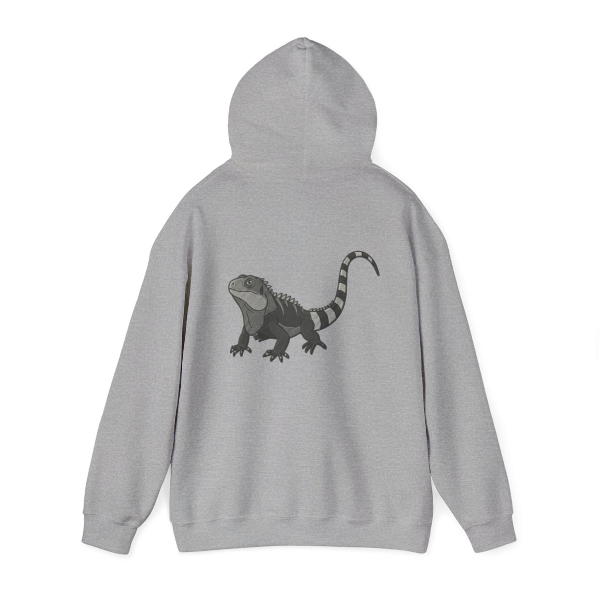 Gray Iguana Graphic Hoodie with large wildlife back print from Wyldelife Collection by Printify, featuring an iguana illustration.