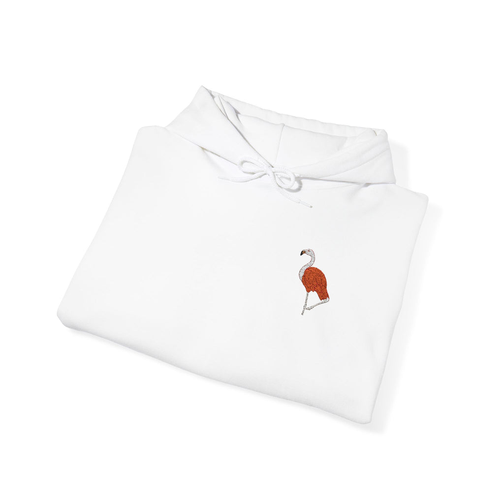 Unisex Flamingo embroidered hoodie with wildlife embroidery from Wyldelife Collection, featuring vibrant flamingo design on soft fabric.