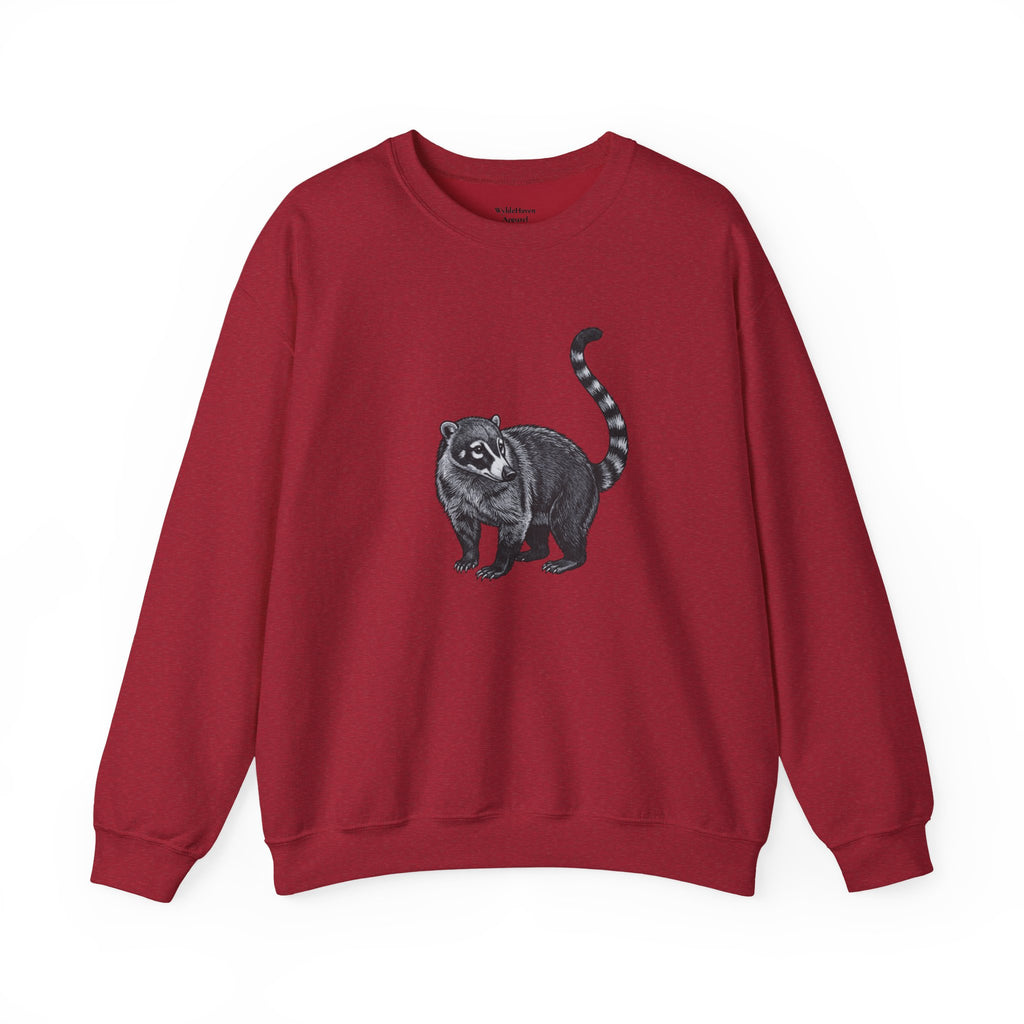 Coati graphic sweatshirt from Wyldelife Collection by Printify, featuring a detailed wildlife art design on a comfortable sweatshirt.