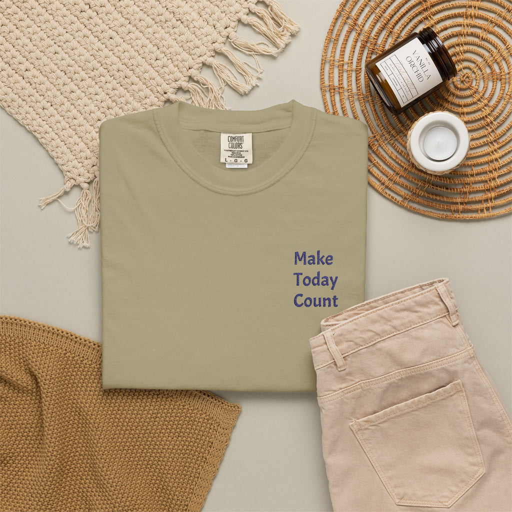 Printify Make Today Count T-Shirt with minimal design and inspirational message, featuring a small pocket on a soft cotton tee.