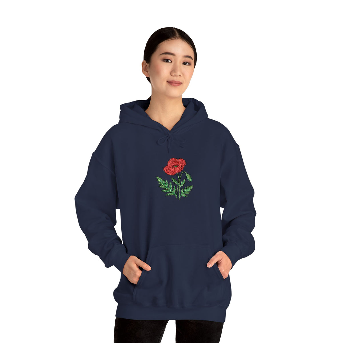 Red hoodie with embroidered red poppy floral design on the front, featuring a comfortable fit and vibrant print.