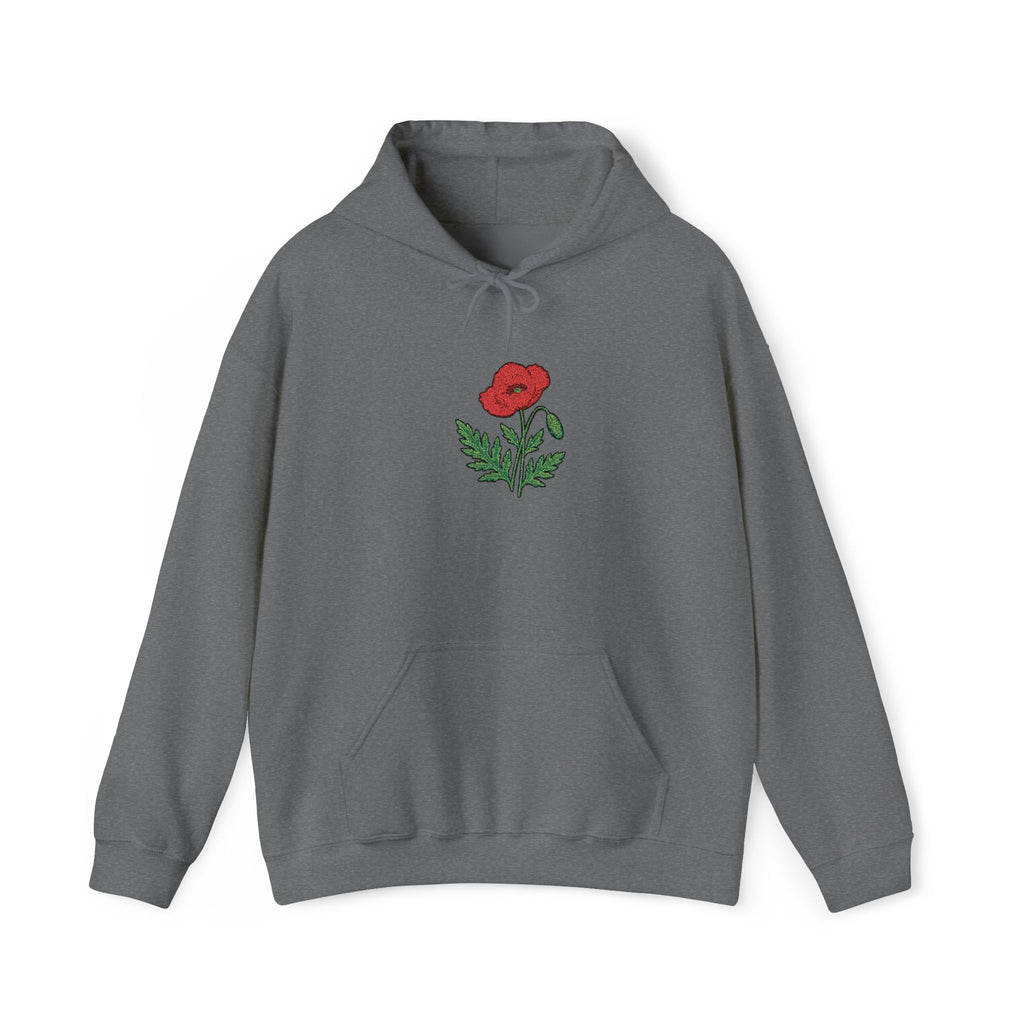 Red hoodie with embroidered red poppy floral design on the front, by Printify, featuring detailed center floral embroidery.