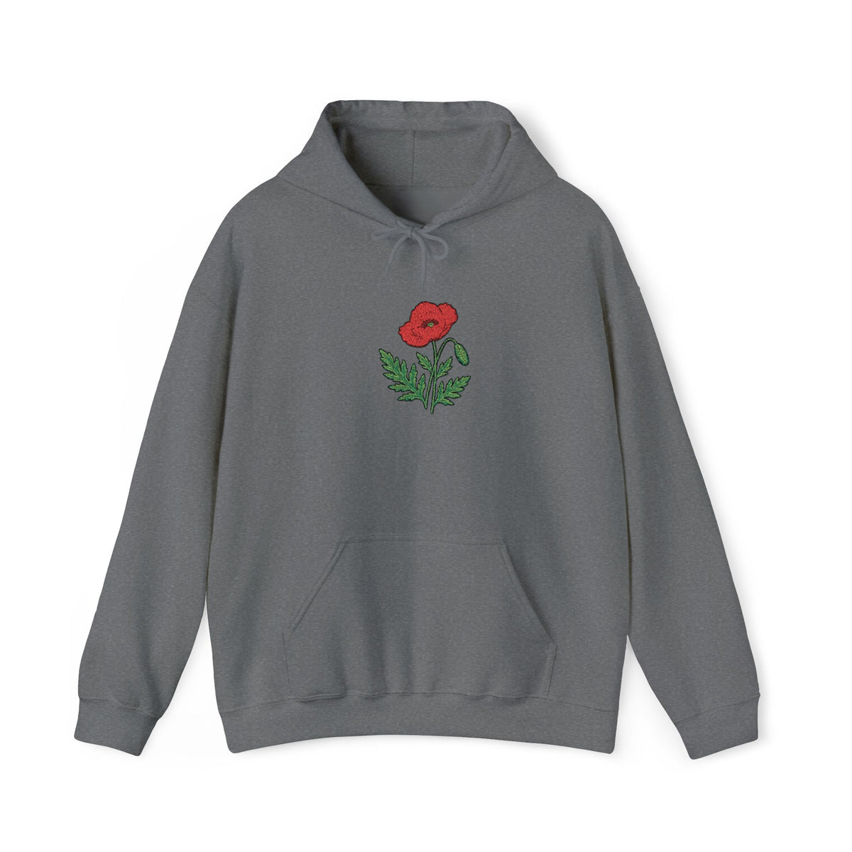 Red hoodie with embroidered red poppy floral design on the front, by Printify, featuring detailed center floral embroidery.