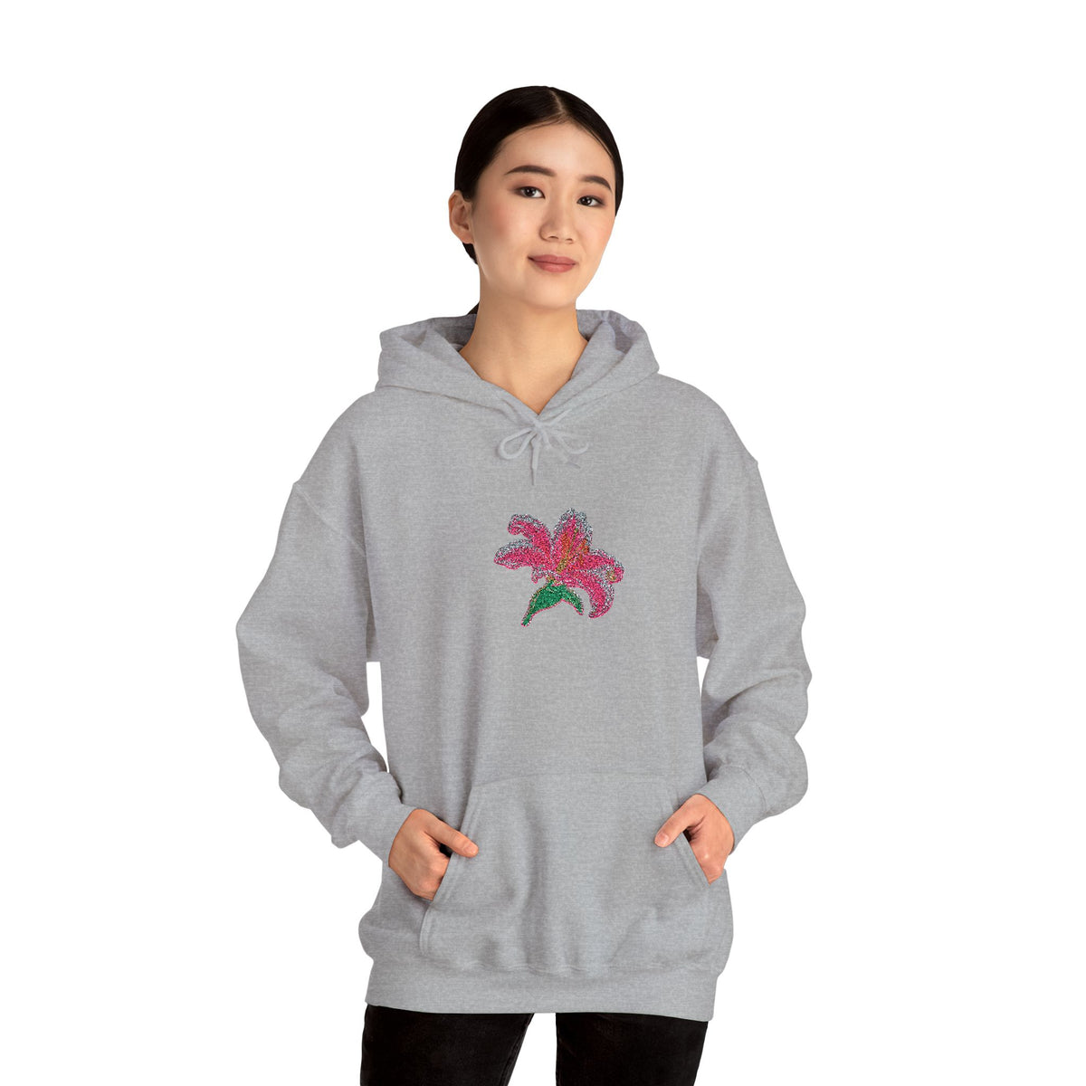 Printify embroidered hoodie with a central floral lily flower design on the front, casual style with colorful embroidery.