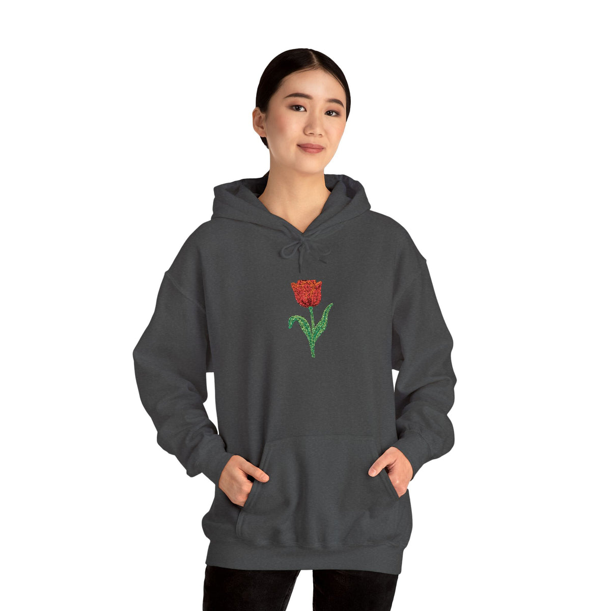 Red hoodie with embroidered red tulip and floral design on the front, featuring a comfortable casual fit by Printify.
