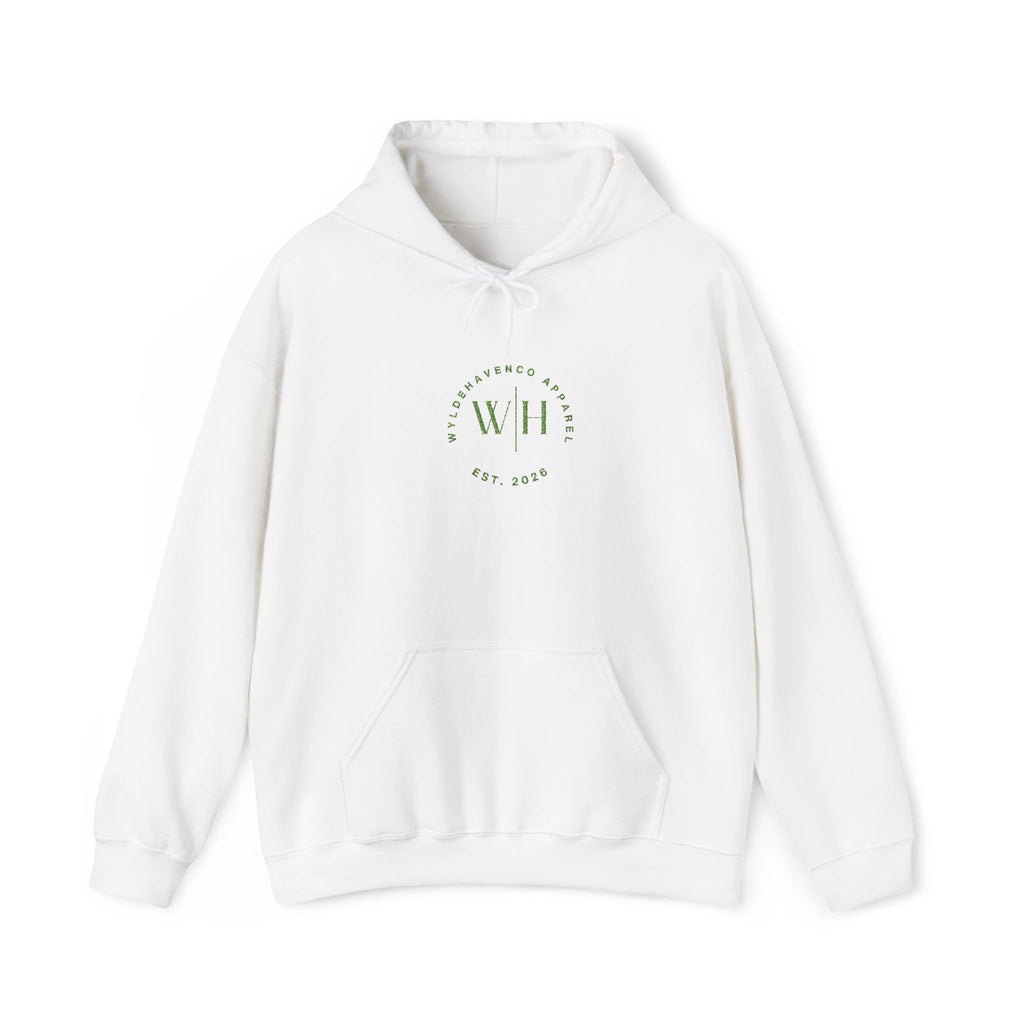 Green hoodie with WyldeHaven logo embroidered on the front, made by Printify, featuring a casual, comfortable fit.