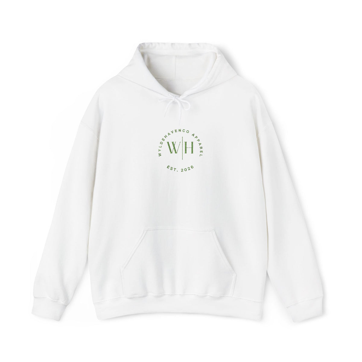 Green hoodie with WyldeHaven logo embroidered on the front, made by Printify, featuring a casual, comfortable fit.