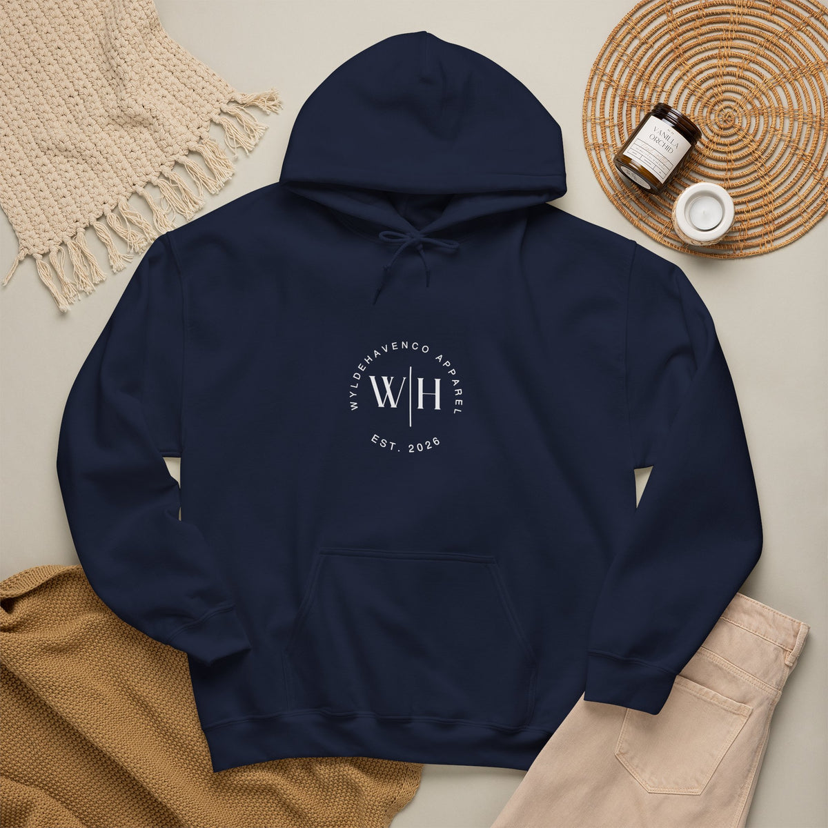 Black Monogram Circle Hoodie by WyldeHaven Apparel featuring Est. 2026 logo and comfortable sweatshirt fabric.