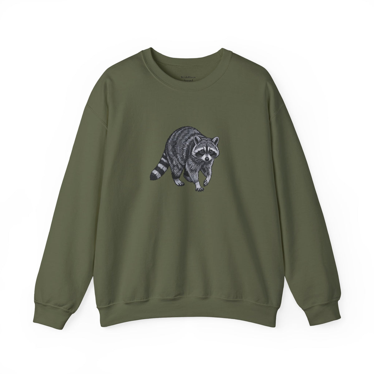 Gray sweatshirt featuring a detailed raccoon graphic from the Wyldelife Collection by Printify, showcasing wildlife art design.