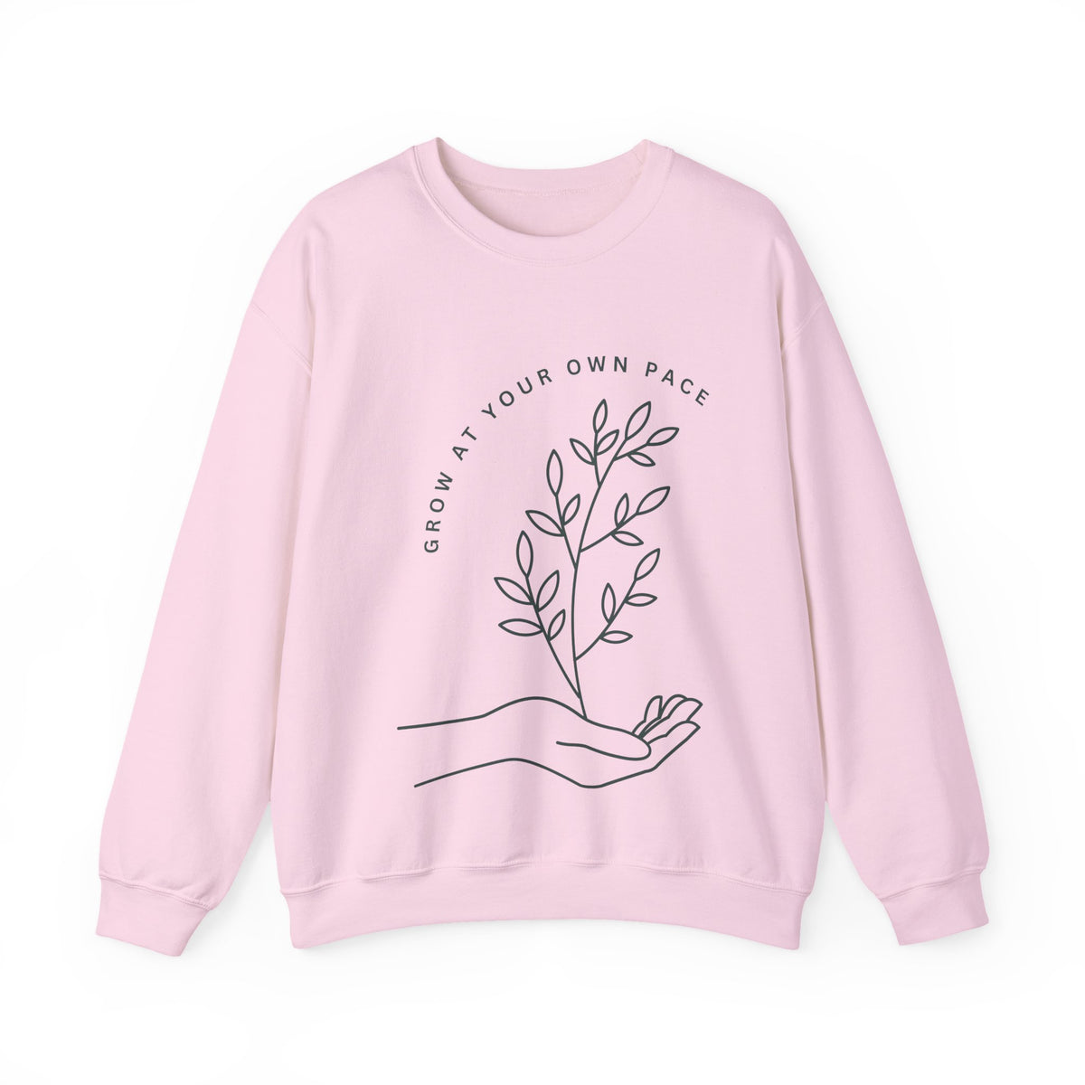 Printify Grow At Your Own Pace minimalist line art crewneck sweatshirt, soft fabric, relaxed fit, with simple motivational design.