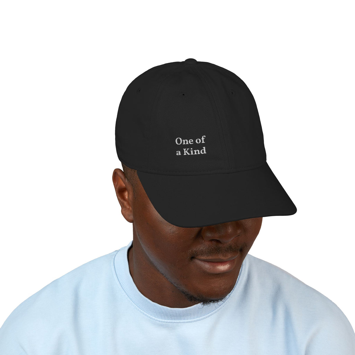 Organic embroidered baseball cap by Printify featuring a minimal "One of a Kind" design, casual style and comfortable fit.