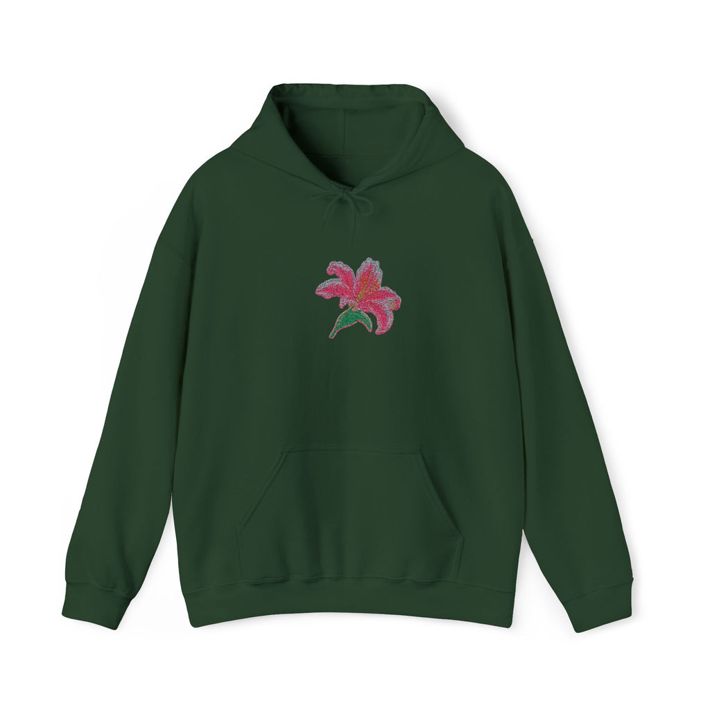 Printify embroidered hoodie featuring a central floral lily flower design with colorful embroidery on the front.
