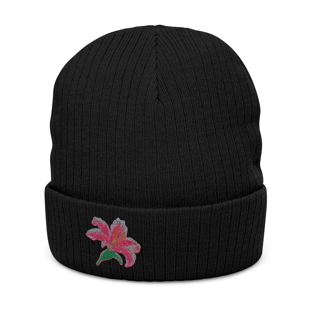 Embroidered Lily Beanie Hat by WyldeHaven Apparel, soft knit winter hat with floral embroidery, unisex design, cozy and stylish.