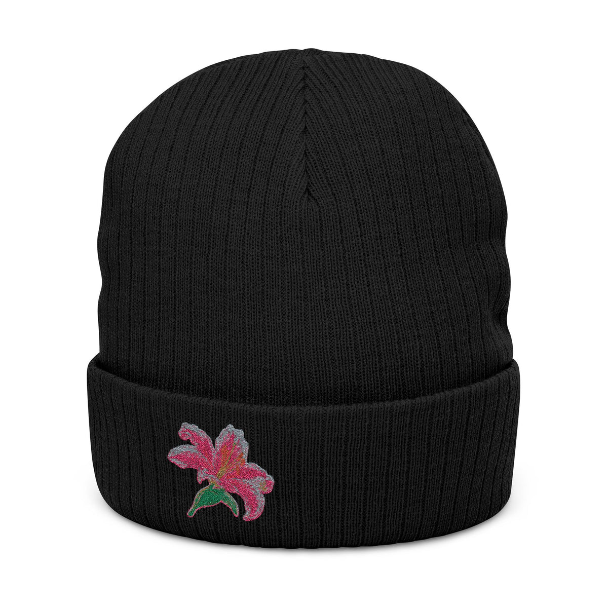 Embroidered Lily Beanie Hat by WyldeHaven Apparel, soft knit winter hat with floral embroidery, unisex design, cozy and stylish.