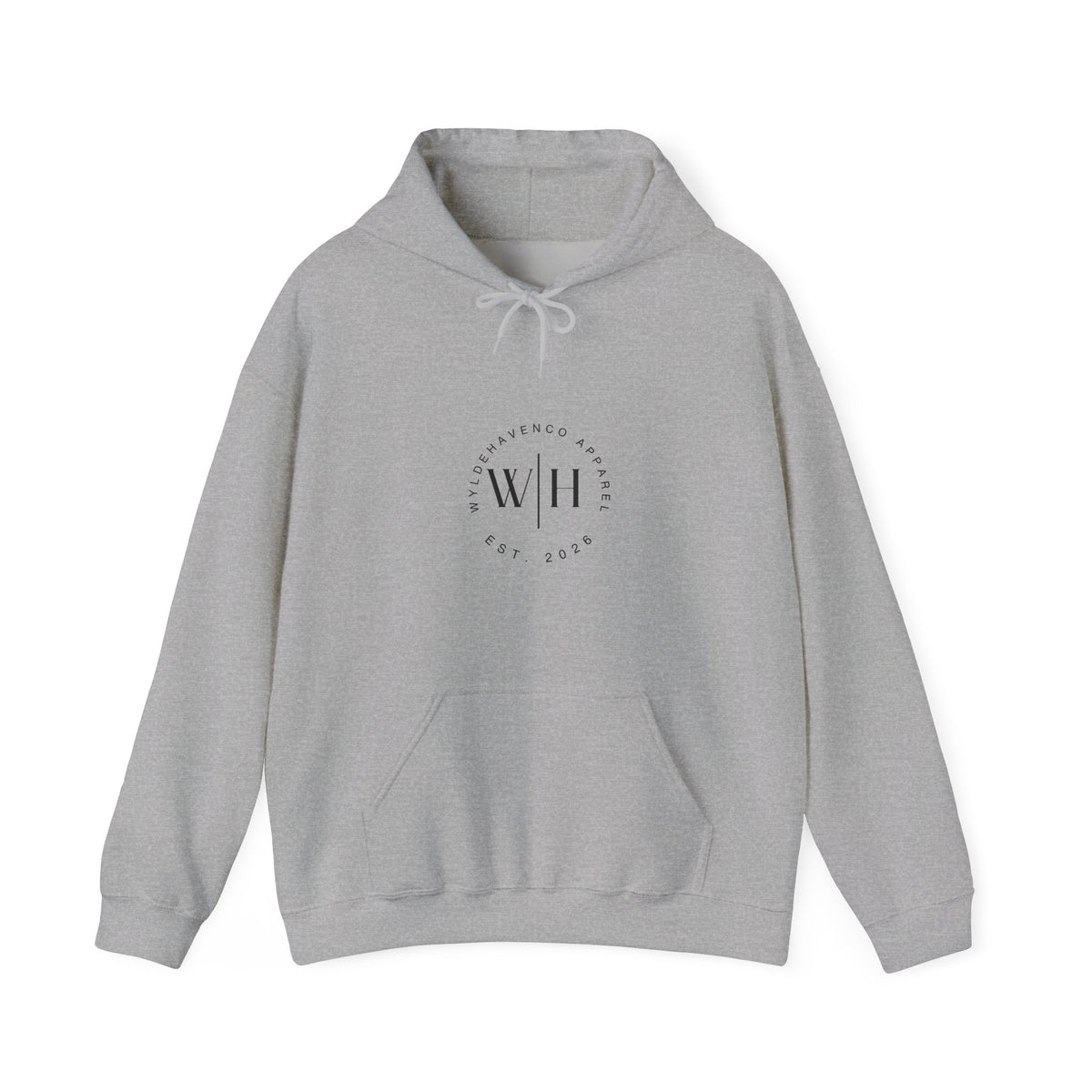 Black hoodie featuring a monogram circle design and WyldeHaven Apparel Est. 2026 logo on the front, made by Printify.
