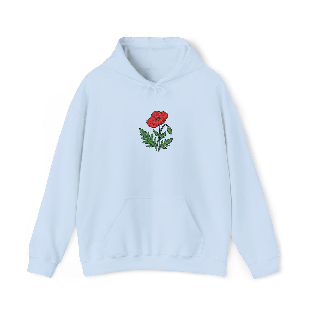 Red hoodie featuring embroidered red poppy floral design on the front, made by Printify.