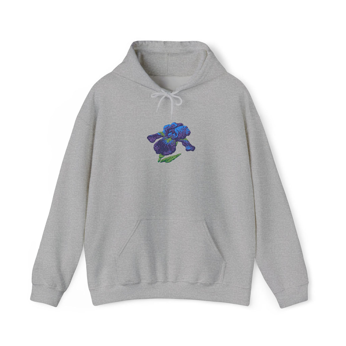 Embroidered Iris Flower hoodie by Printify featuring a center front floral embroidery on a casual hoodie.