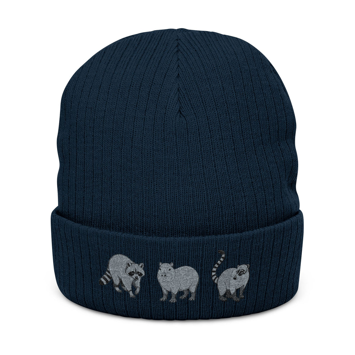 Black ribbed knit beanie with embroidered Wyldelife animal trio design, cozy winter hat for animal lovers by Printify.