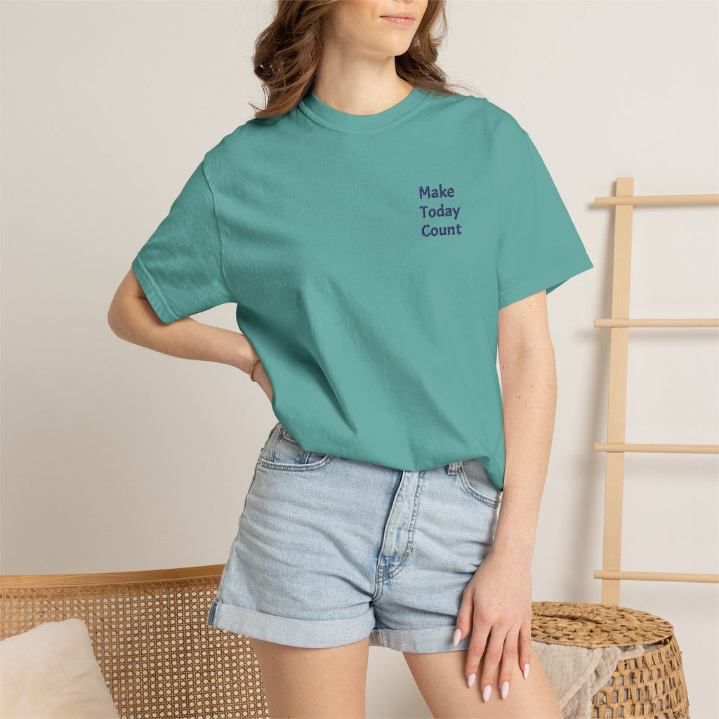 Minimalist Make Today Count T-Shirt by Printify featuring a pocket design and inspirational message on soft cotton fabric.