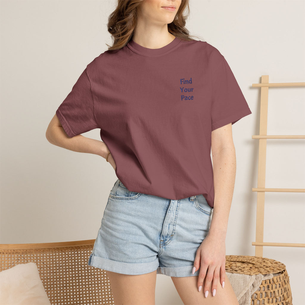 Find Your Pace T-Shirt with minimal motivational chest print, casual fit, and comfortable fabric by Printify.