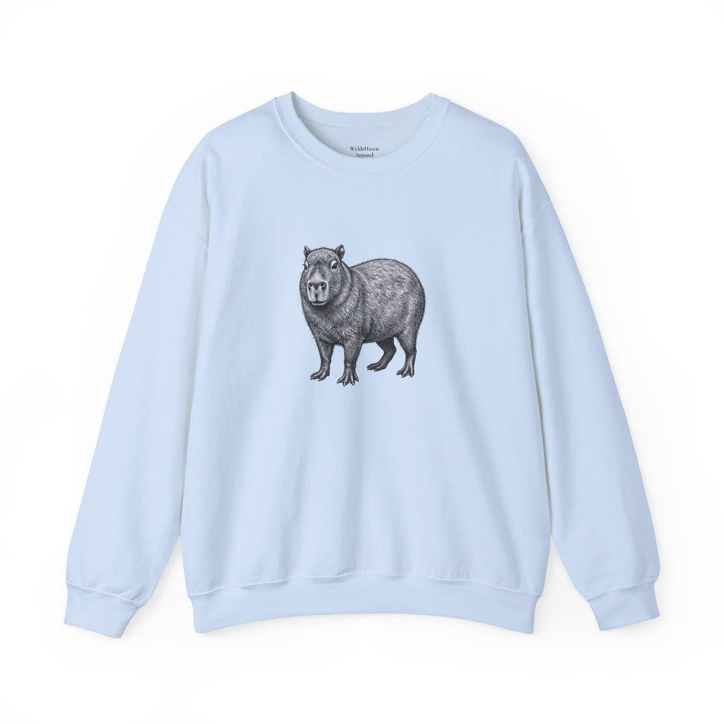 Capybara graphic sweatshirt featuring wildlife art from Wyldelife Collection by Printify, with a detailed capybara illustration on soft fabric.