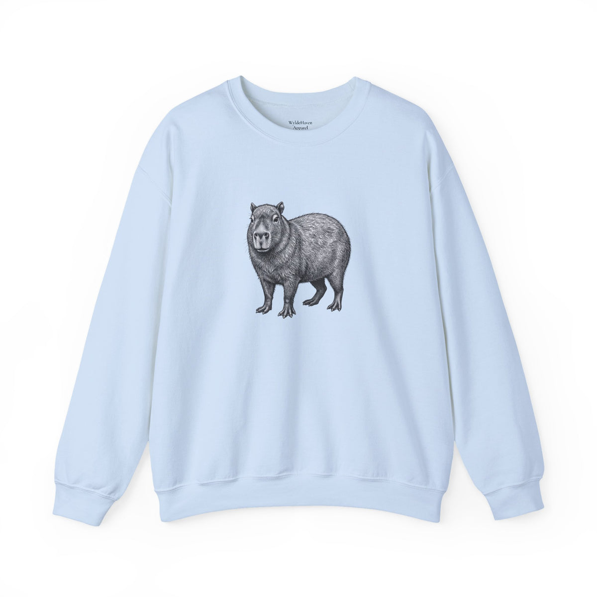 Capybara graphic sweatshirt featuring wildlife art from Wyldelife Collection by Printify, with a detailed capybara illustration on soft fabric.