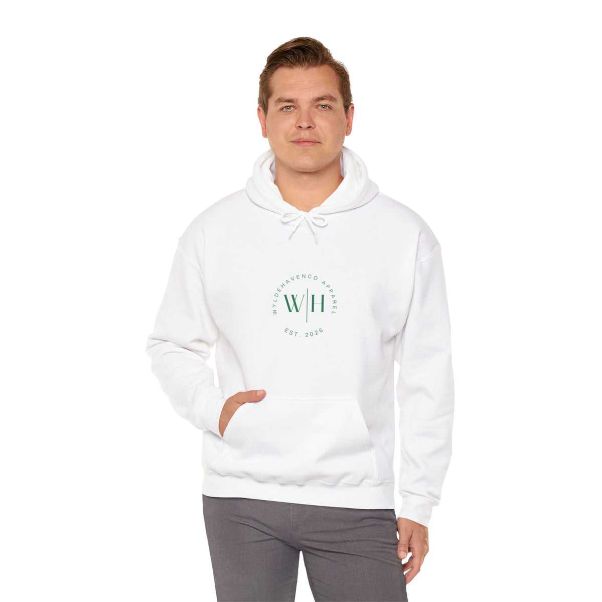 Black hoodie featuring WyldeHaven Apparel Est. 2026 logo and monogram circle design, casual sweatshirt with front graphic.