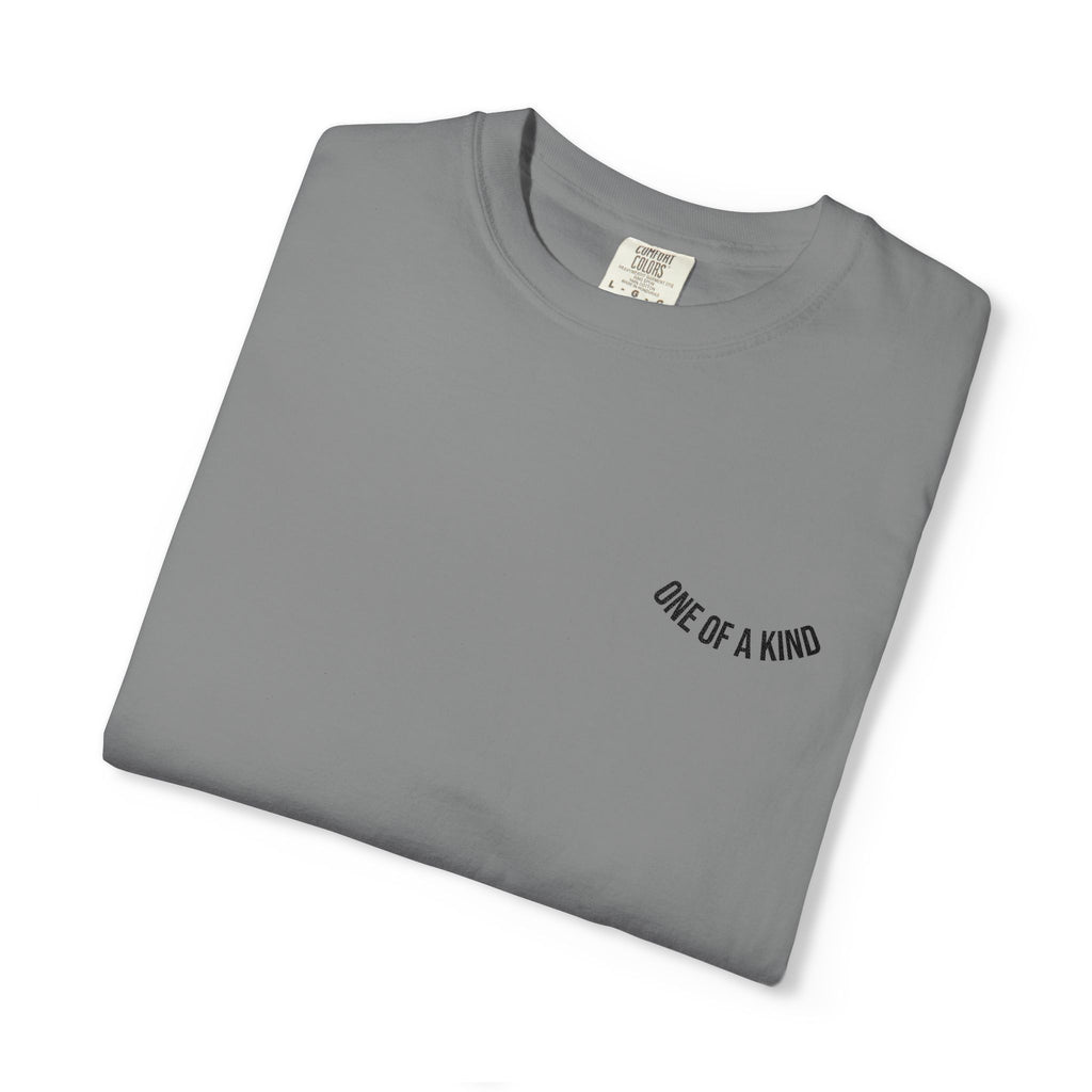 Black T-shirt with a unique chest logo design by Printify, featuring a stylish "One of a Kind" graphic on the front.