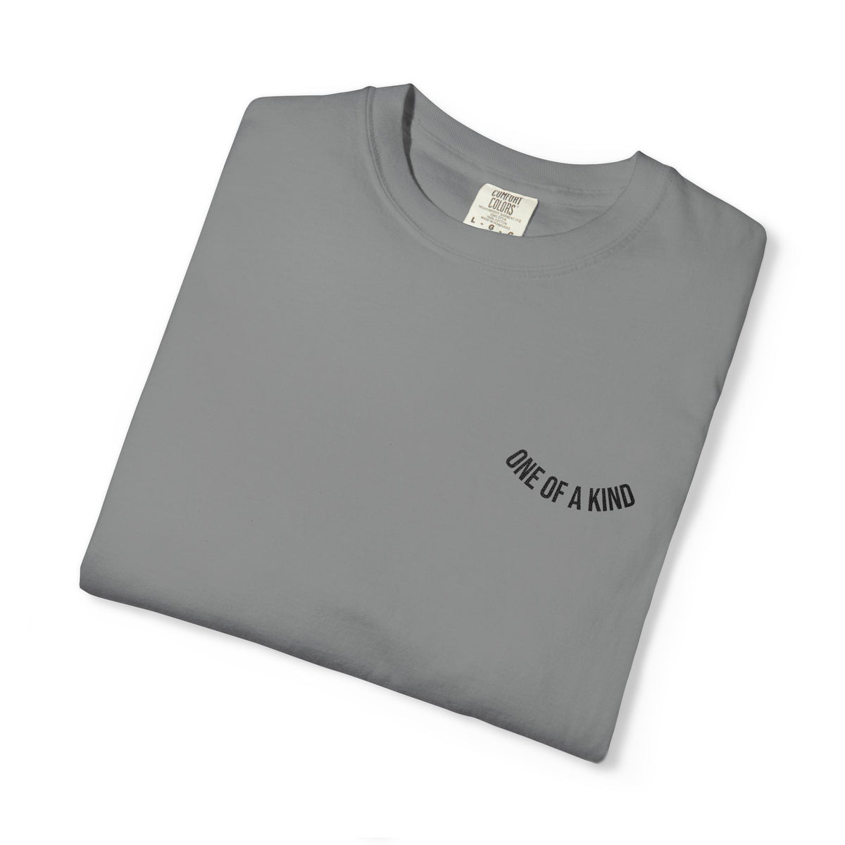 Black T-shirt with a unique chest logo design by Printify, featuring a stylish "One of a Kind" graphic on the front.
