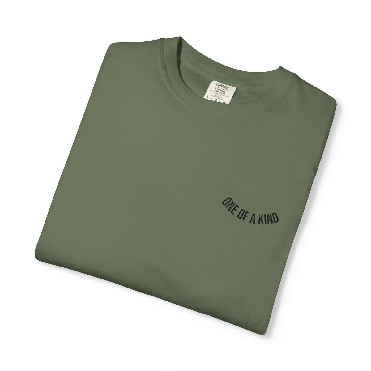 Black "One of a Kind" Chest Logo T-shirt by Printify, featuring a front logo design on soft cotton fabric.