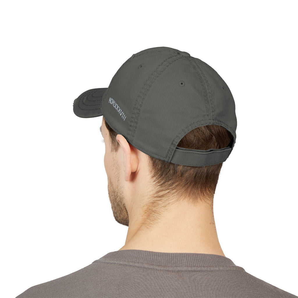 Personalised Roman Numeral Dad Hat by Printify, distressed baseball cap with embroidered custom design on vintage cotton fabric.