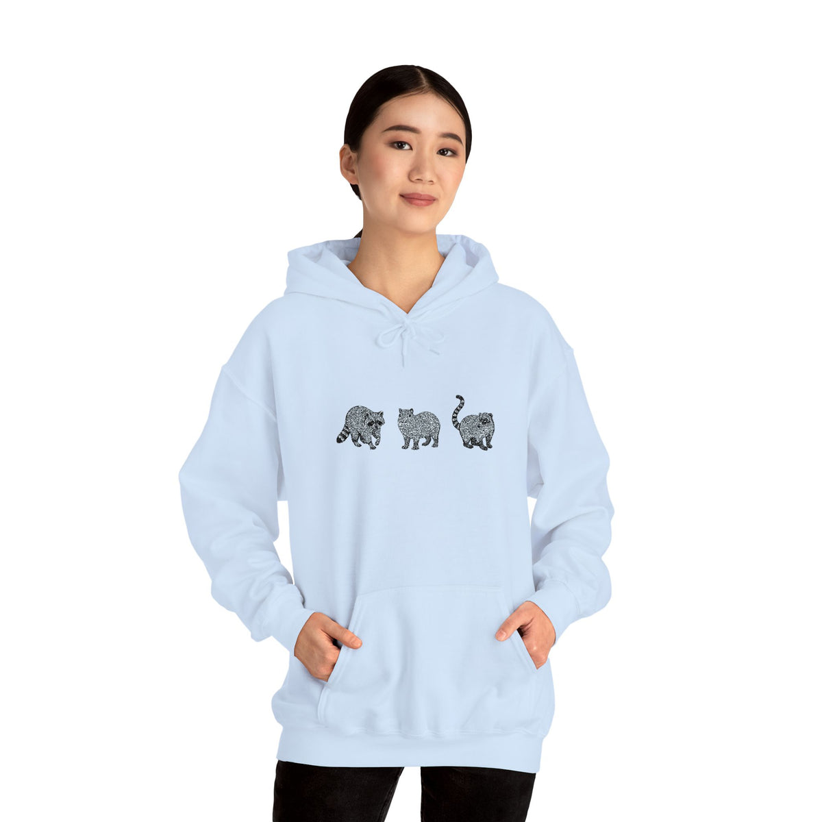 Wyldelife Trio embroidered hoodie by Printify featuring raccoon, capybara, and coati animal designs on soft fabric.