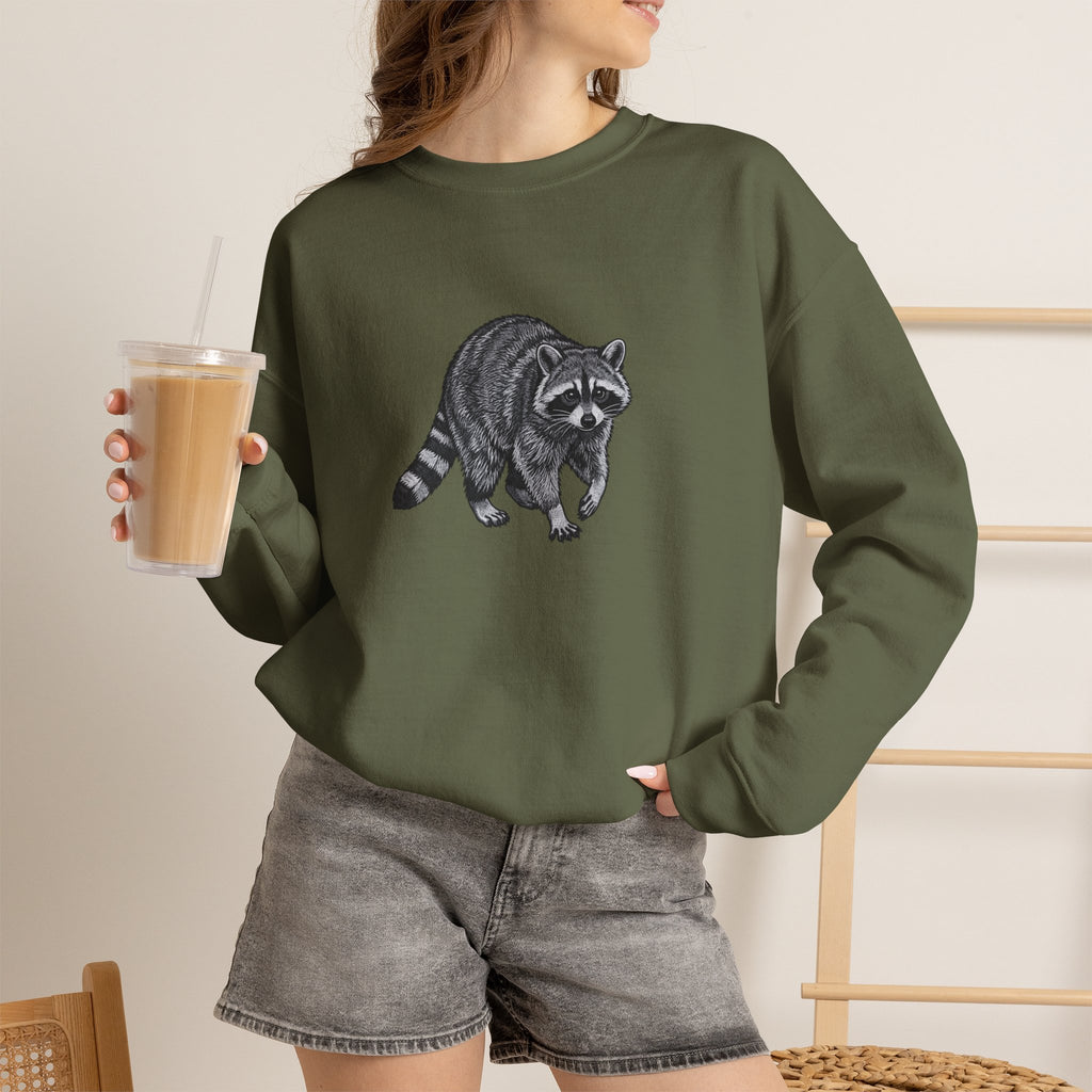 Raccoon graphic sweatshirt from Wyldelife Collection featuring original wildlife art by Printify, casual and cozy apparel.