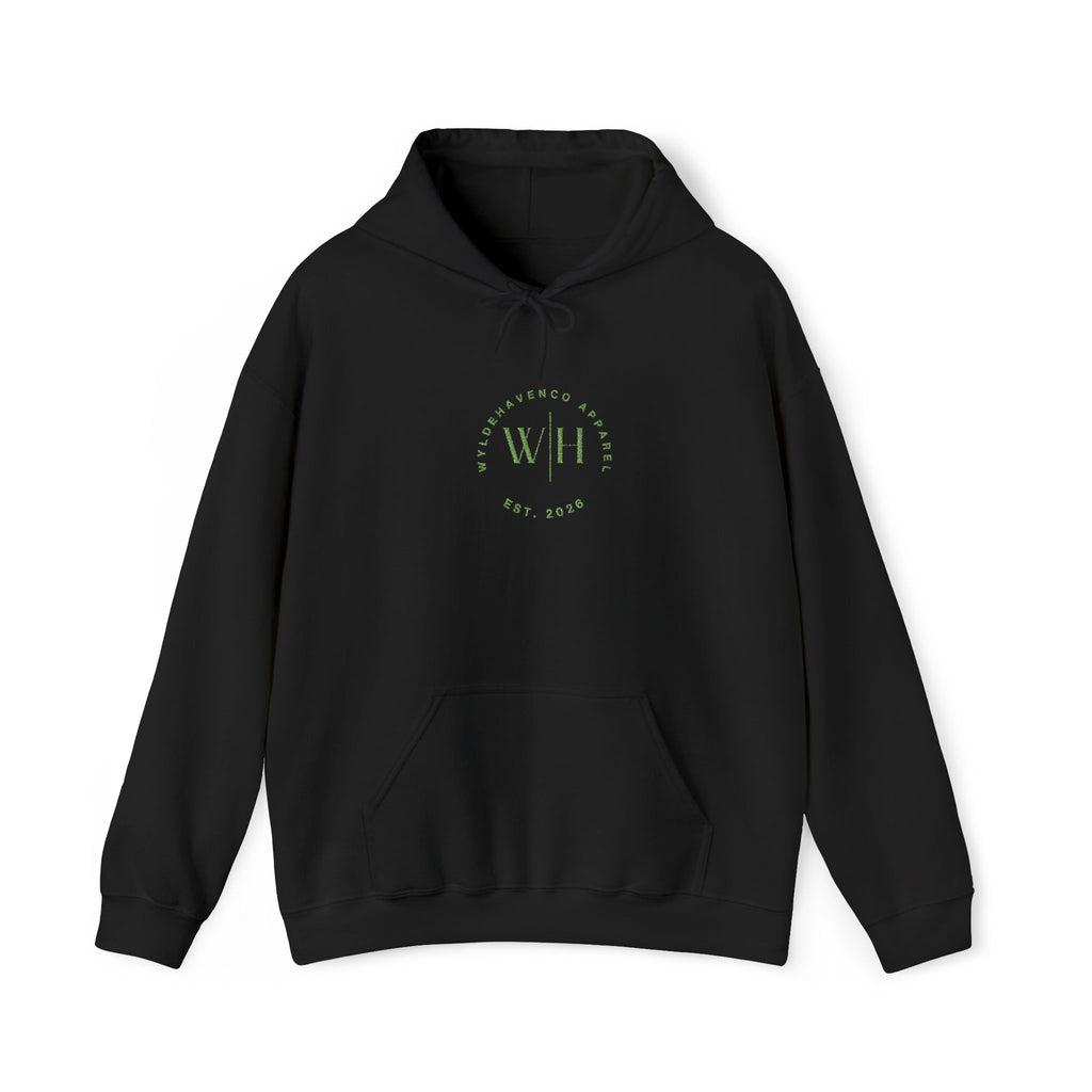 Green WyldeHaven logo embroidered hoodie by Printify, featuring a cozy fit and detailed logo embroidery on the front.