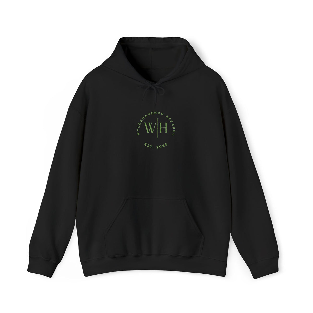 Green WyldeHaven logo embroidered hoodie by Printify, featuring a cozy fit and detailed logo embroidery on the front.