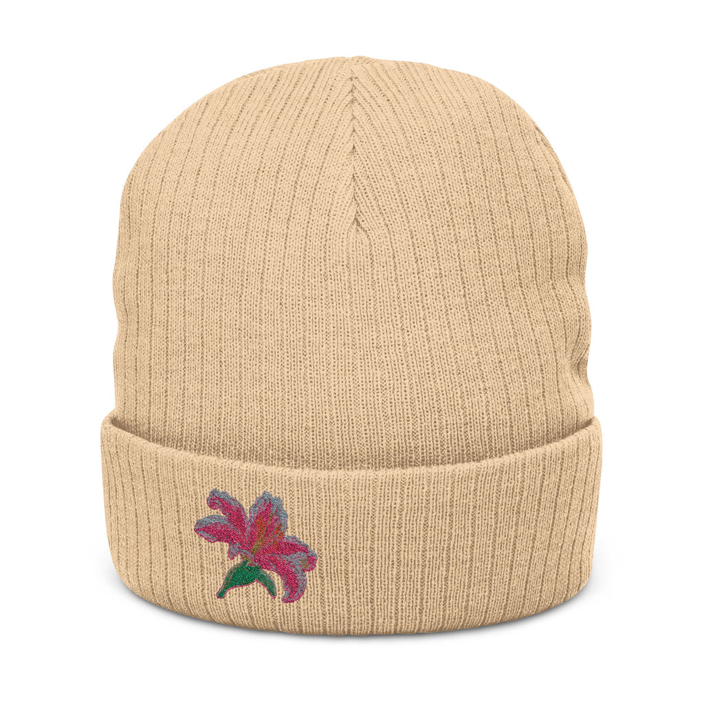 Embroidered Lily Beanie Hat by WyldeHaven Apparel, soft knit winter hat with floral embroidery, unisex and cozy for cold weather.