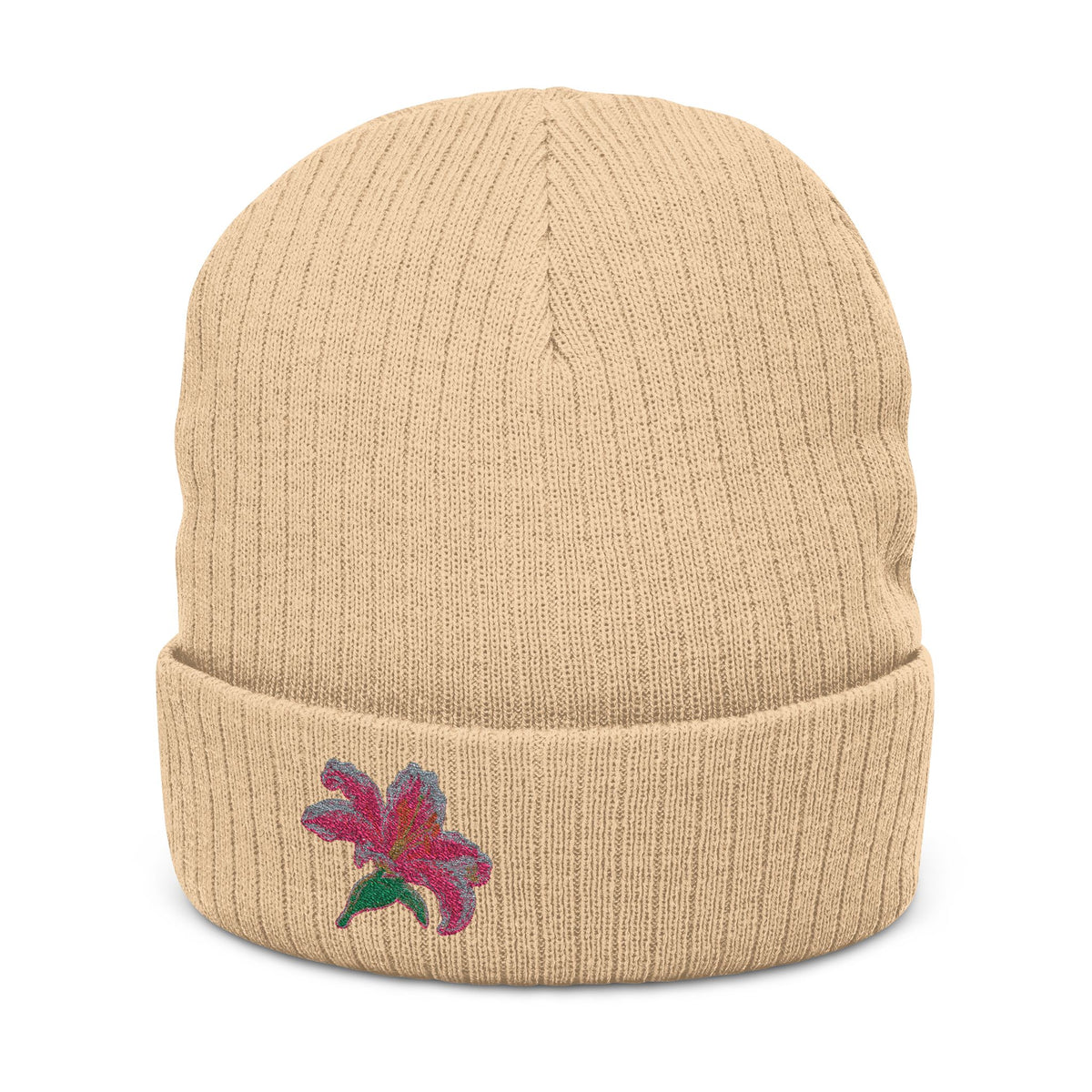 Embroidered Lily Beanie Hat by WyldeHaven Apparel, soft knit winter hat with floral embroidery, unisex and cozy for cold weather.