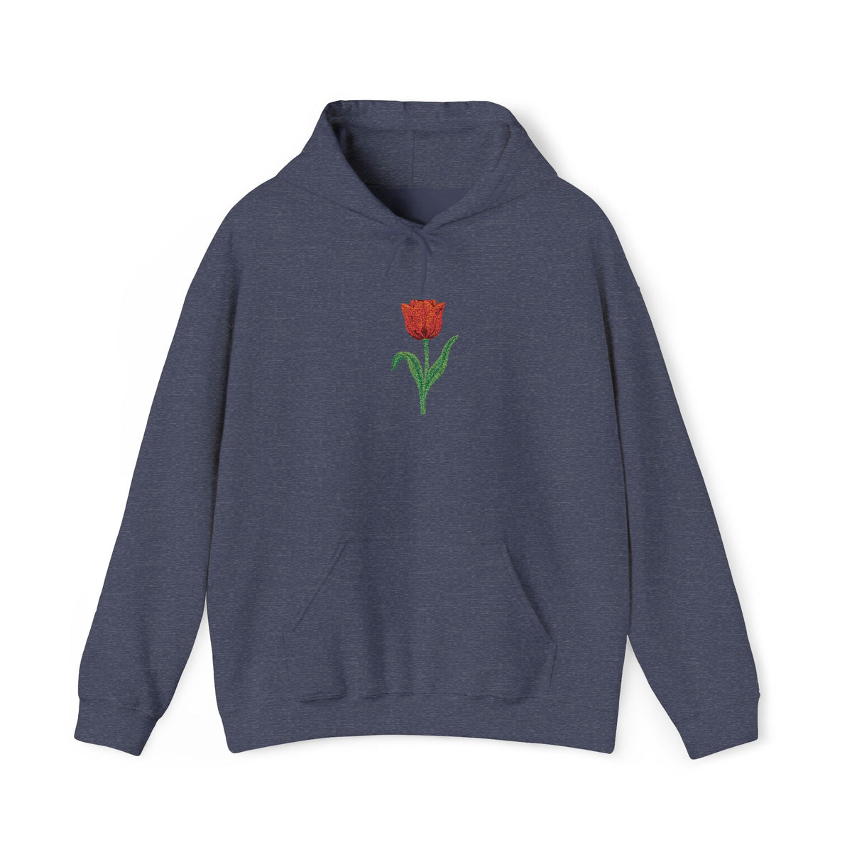 Red hoodie by Printify featuring embroidered red tulip and floral design on the center front, casual and stylish apparel.