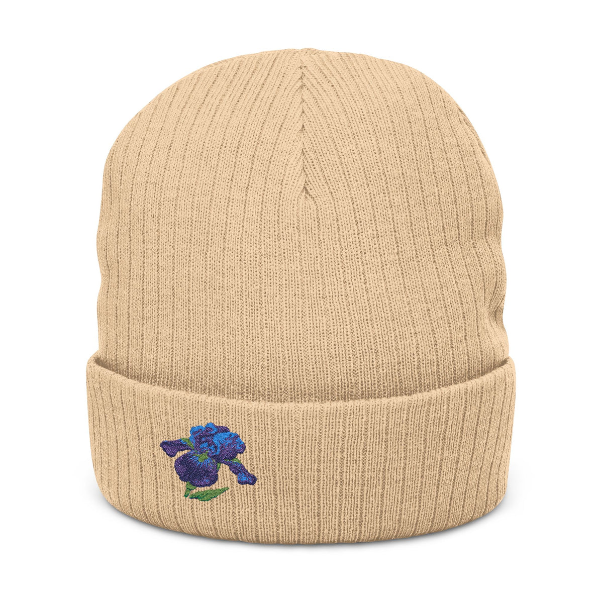Embroidered Iris Beanie hat by WyldeHaven Apparel, soft knit winter unisex hat with floral embroidery, stylish everyday headwear.