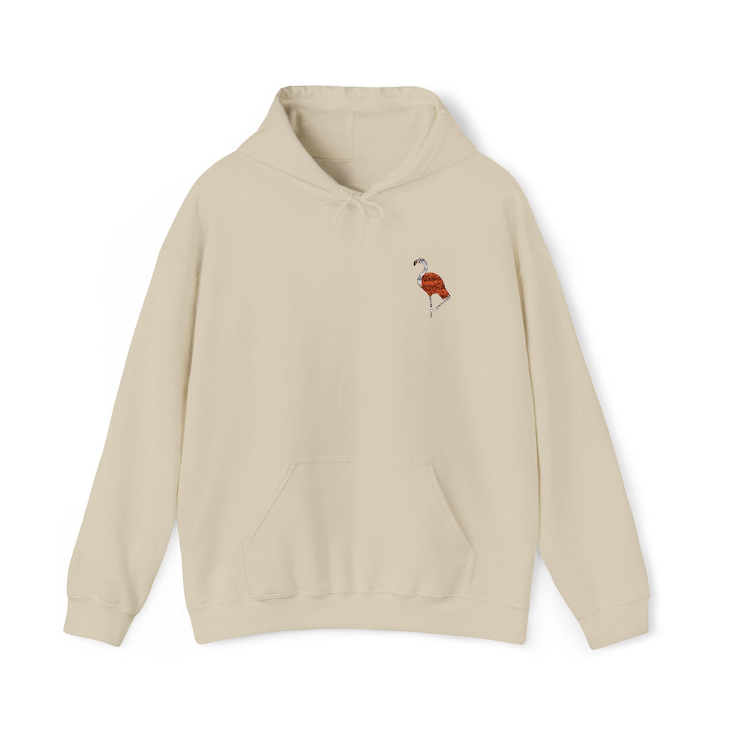 Unisex hoodie with flamingo embroidery from Wyldelife Collection, featuring colorful wildlife embroidery on a comfortable printify hoodie
