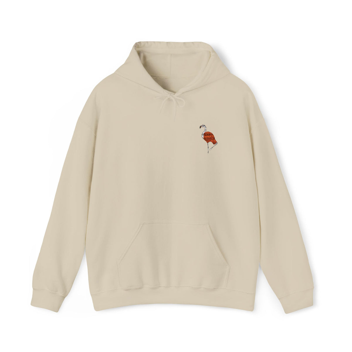 Unisex hoodie with flamingo embroidery from Wyldelife Collection, featuring colorful wildlife embroidery on a comfortable printify hoodie