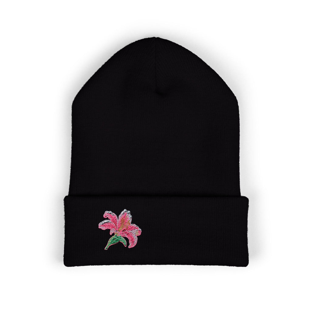 Pink Lily embroidered beanie hat by WyldeHaven Apparel, soft cuffed knit with floral embroidery, perfect for winter wear.