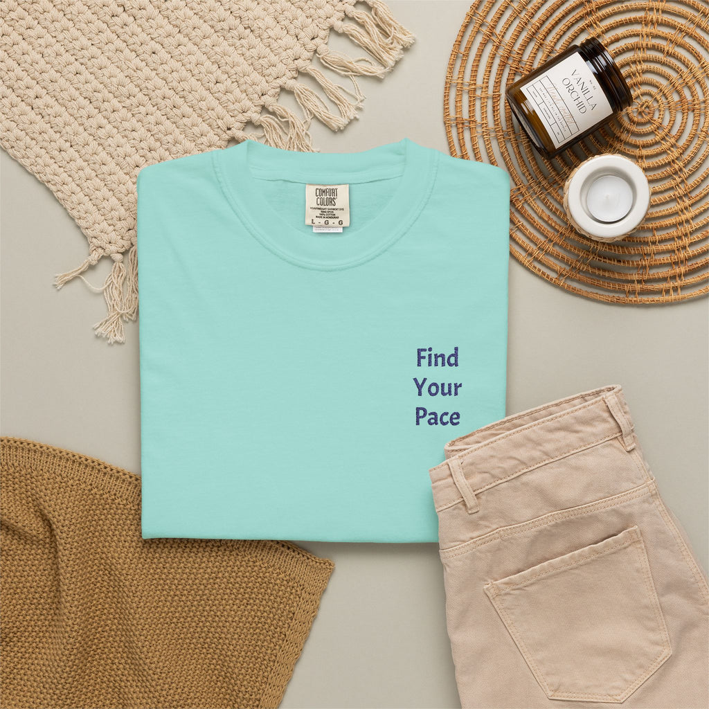 Find Your Pace T-Shirt by Printify featuring a minimal motivational chest print, casual fit, and soft fabric for everyday wear.